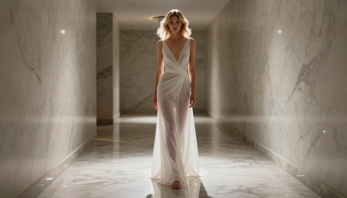 Photorealistic statuesque blonde woman in sheer gown in marble hotel corridor Photorealistic statuesque blonde woman in sheer gown in marble hotel corridor