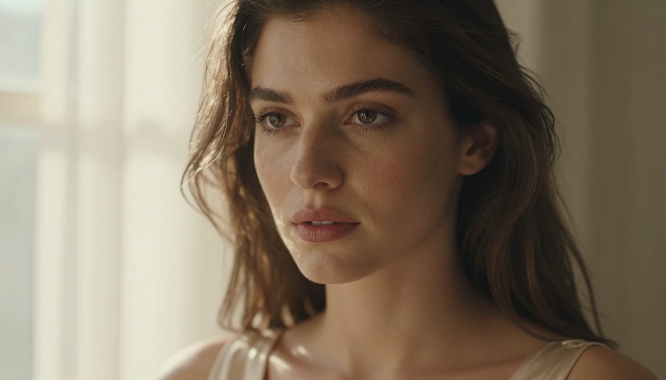 Photorealistic portrait of a beautiful woman with detailed skin texture in warm golden morning sidelight