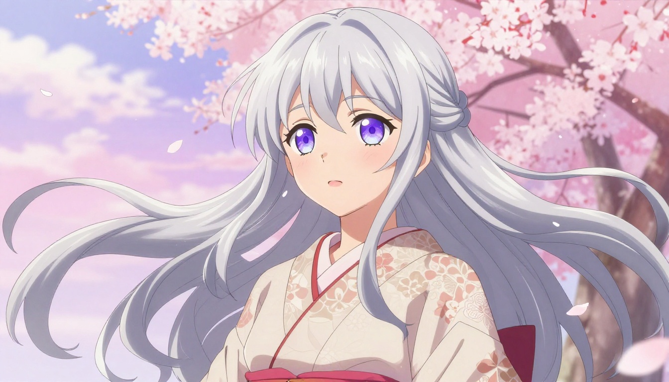 Anime-style female character with flowing silver hair wearing an elegant kimono surrounded by cherry blossom petals