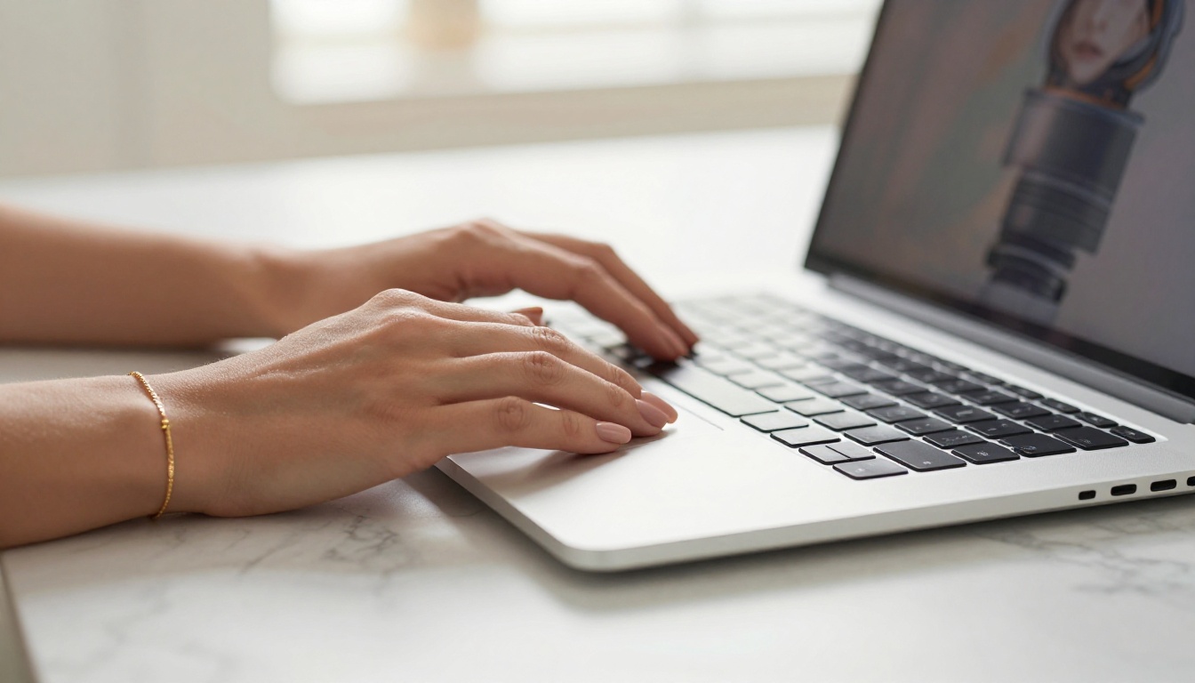 Woman's hands on laptop, AI artwork on screen, marble desk