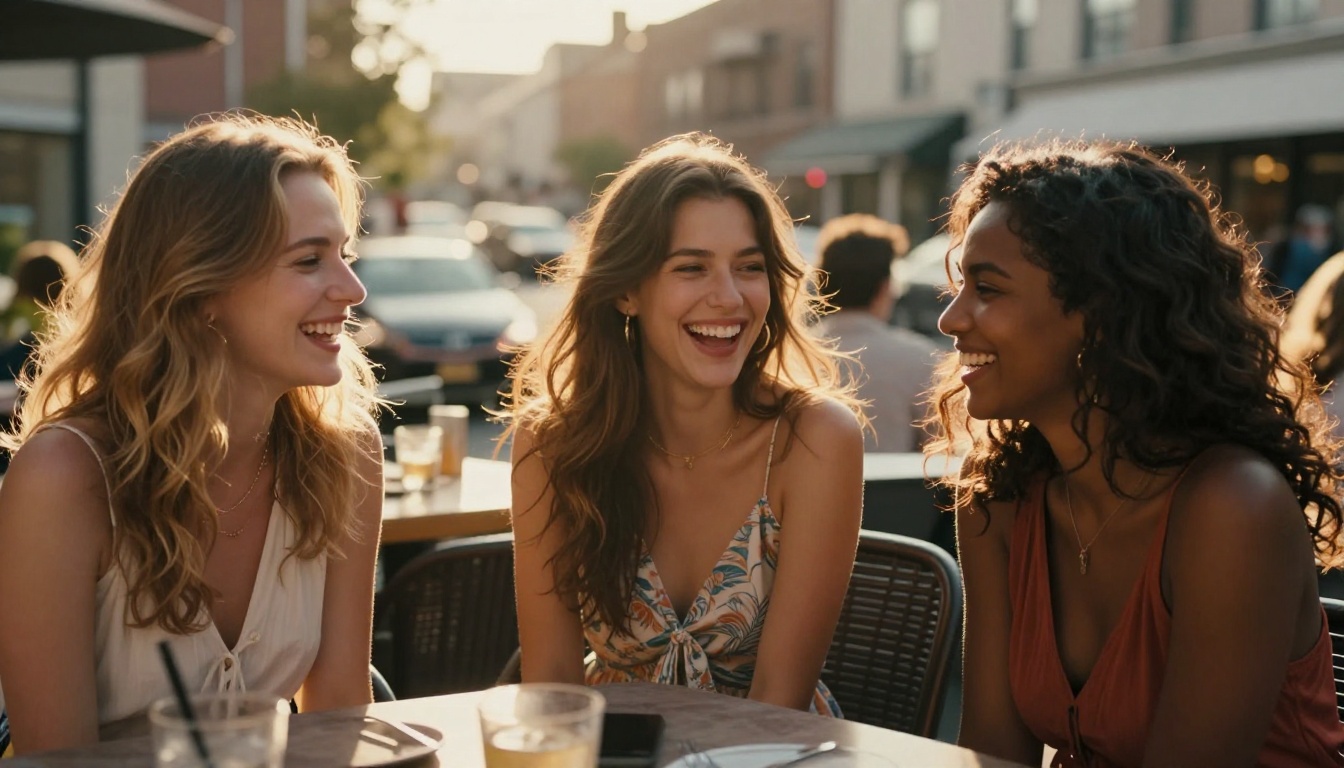 Three diverse women laughing at rooftop cafe, golden hour lighting