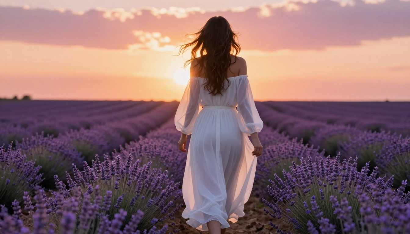 Woman in white chiffon dress walking through lavender fields at sunset