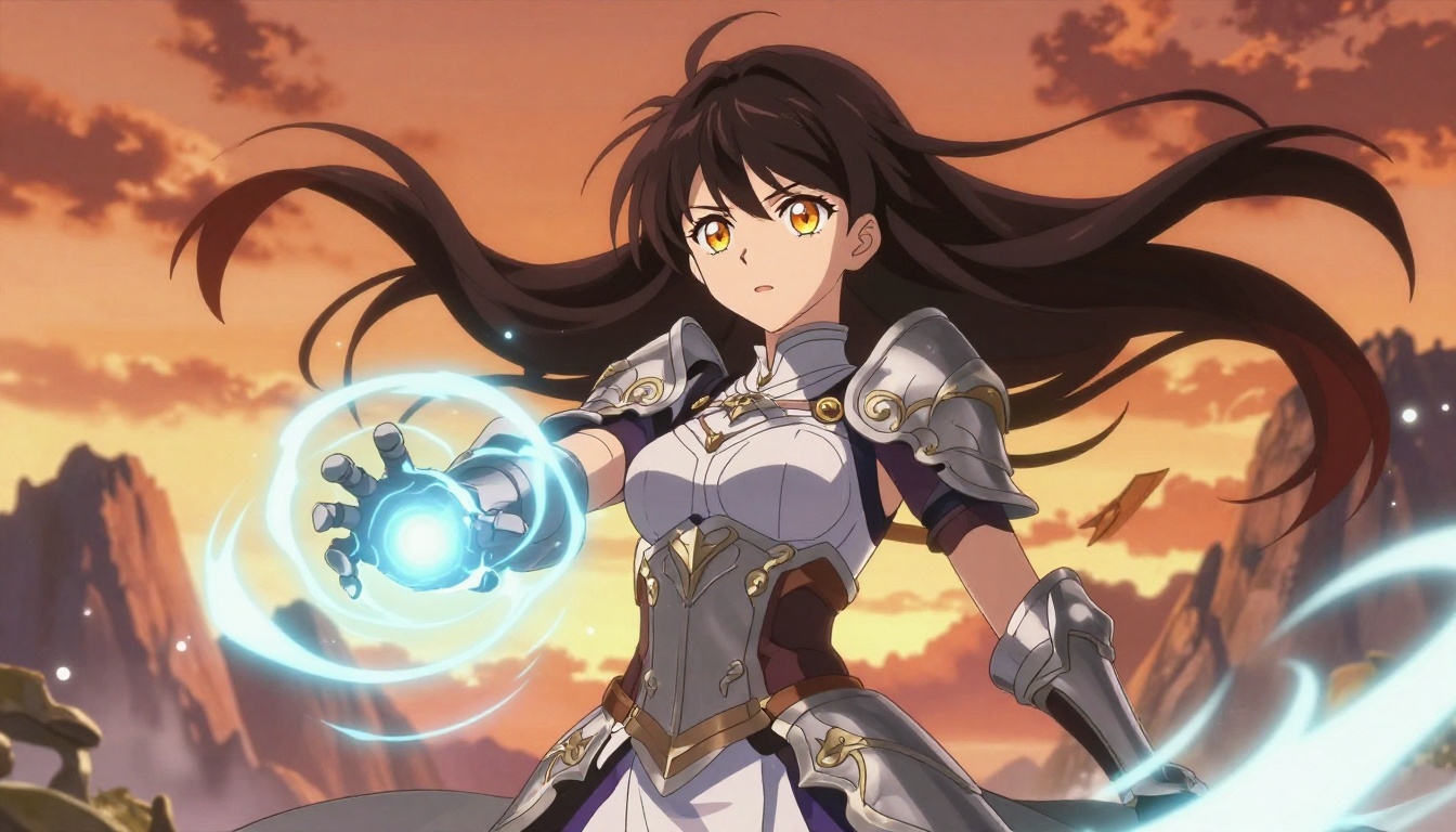Anime female warrior in dynamic action pose with magical energy effects and dramatic sunset sky backdrop Anime female warrior in dynamic action pose with magical energy effects and dramatic sunset sky backdrop