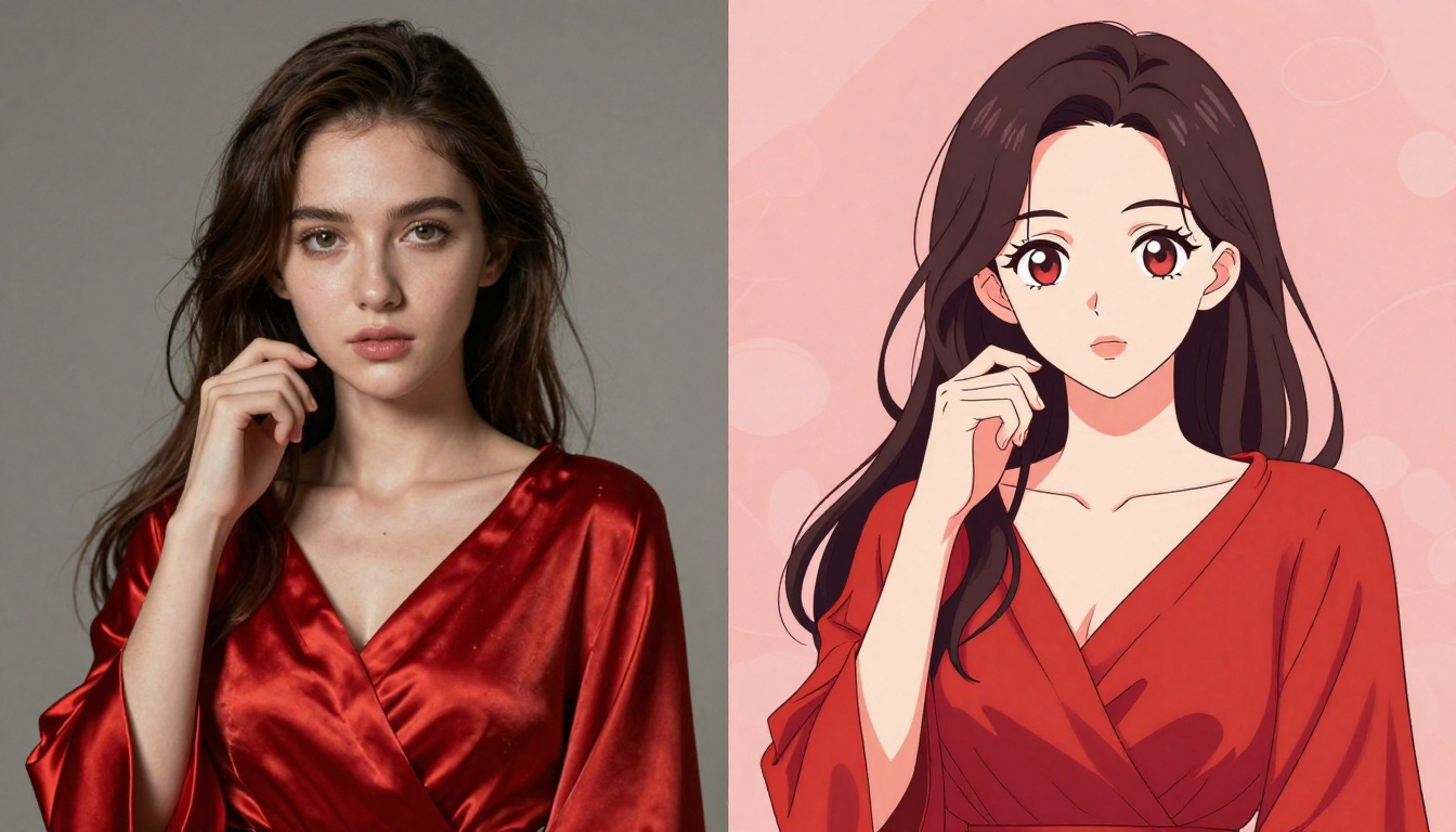 Side-by-side comparison of the same subject rendered in photorealistic versus anime AI art styles