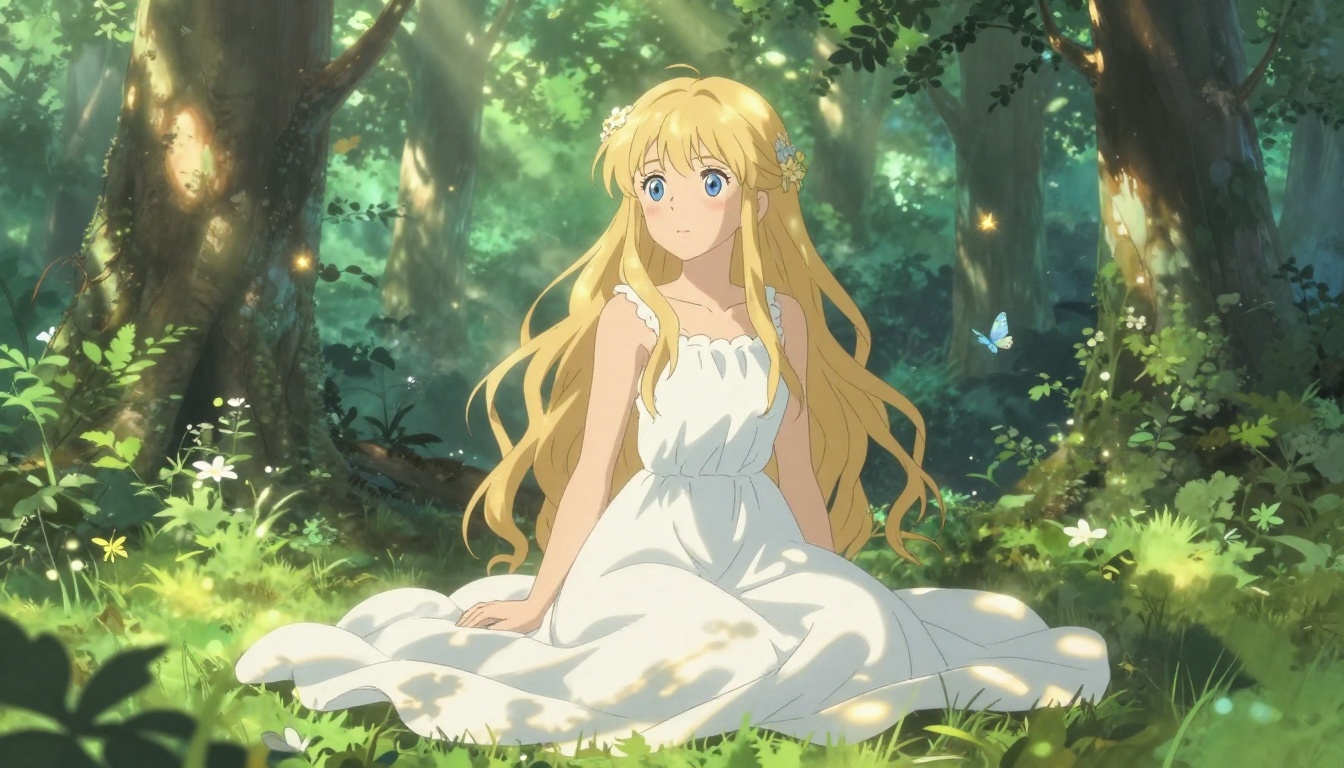 Anime girl in flowing white dress in a magical sunlit forest clearing with fireflies and dappled light Anime girl in flowing white dress in a magical sunlit forest clearing with fireflies and dappled light