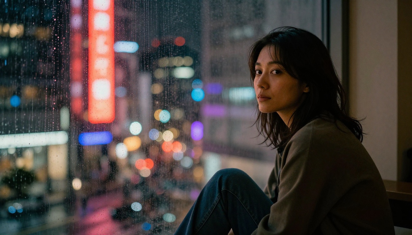 Photorealistic woman in a modern Tokyo apartment at night with neon city lights reflected in rain-streaked window Photorealistic woman in a modern Tokyo apartment at night with neon city lights reflected in rain-streaked window