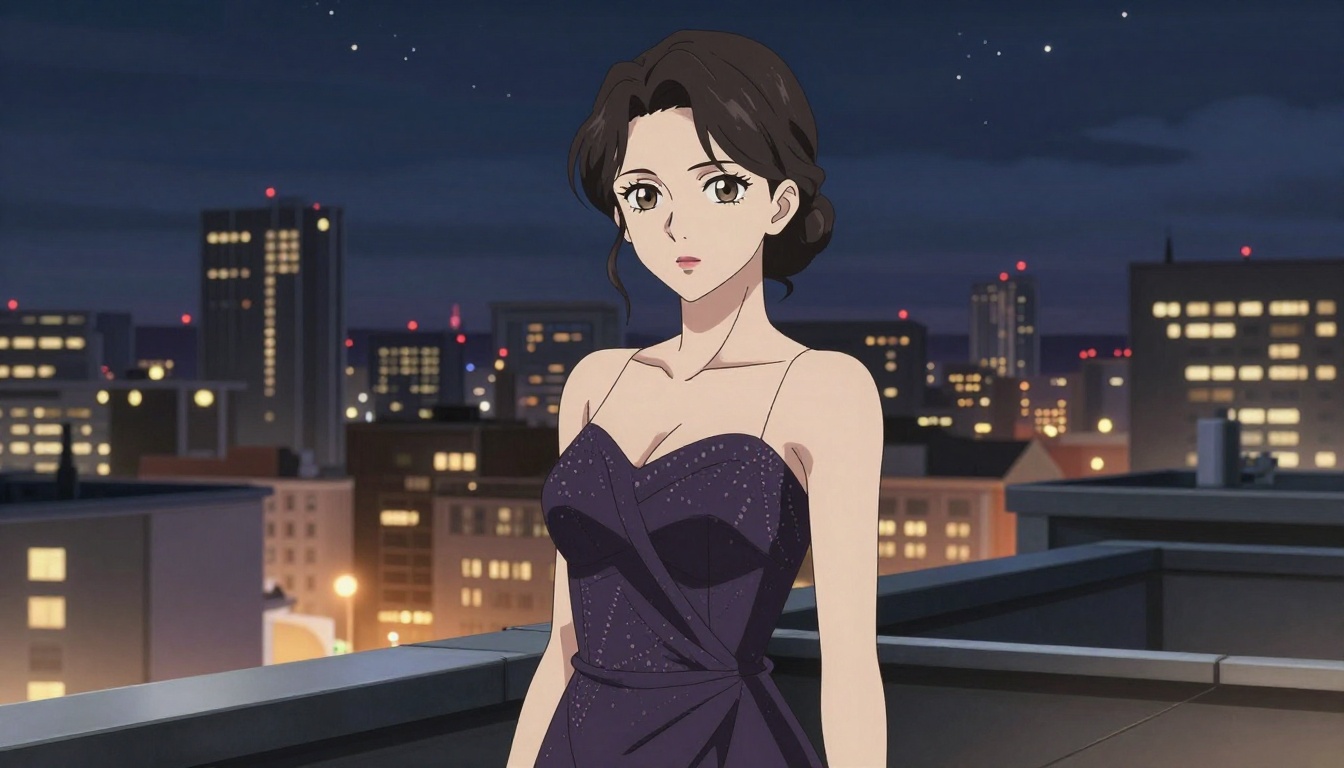 Sophisticated anime female character in elegant cocktail dress on a night city rooftop with skyline backdrop Sophisticated anime female character in elegant cocktail dress on a night city rooftop with skyline backdrop
