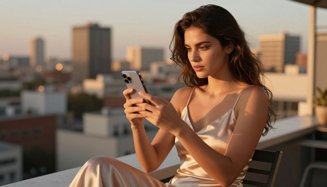 Woman using smartphone on rooftop at sunset, editorial photography Woman using smartphone on rooftop at sunset, editorial photography
