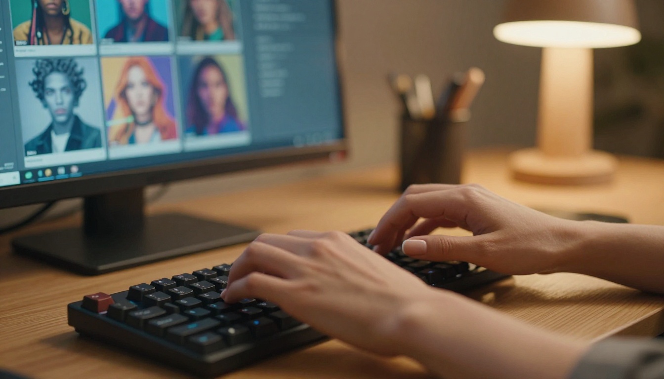 Hands typing on a mechanical keyboard with an AI generation interface on screen