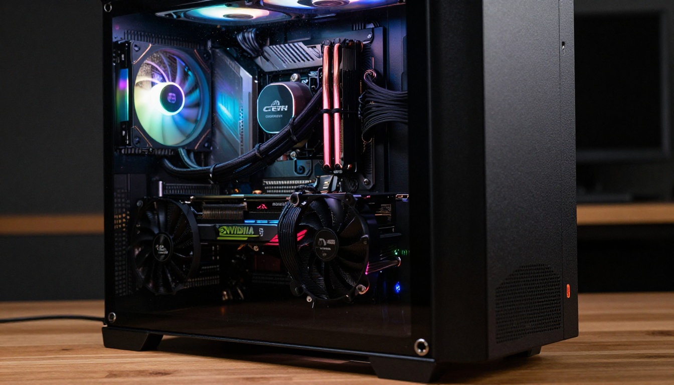 High-end gaming PC with multiple graphics cards visible through tempered glass panel
