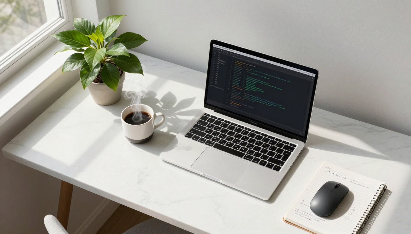 Aerial overhead view of a minimalist workspace with a laptop showing a terminal window