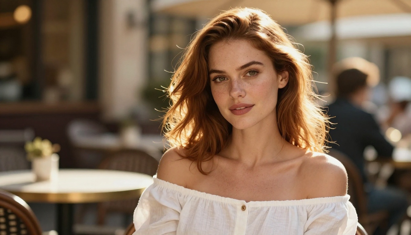 Confident auburn-haired woman at a sunlit café with golden rim light and bokeh background