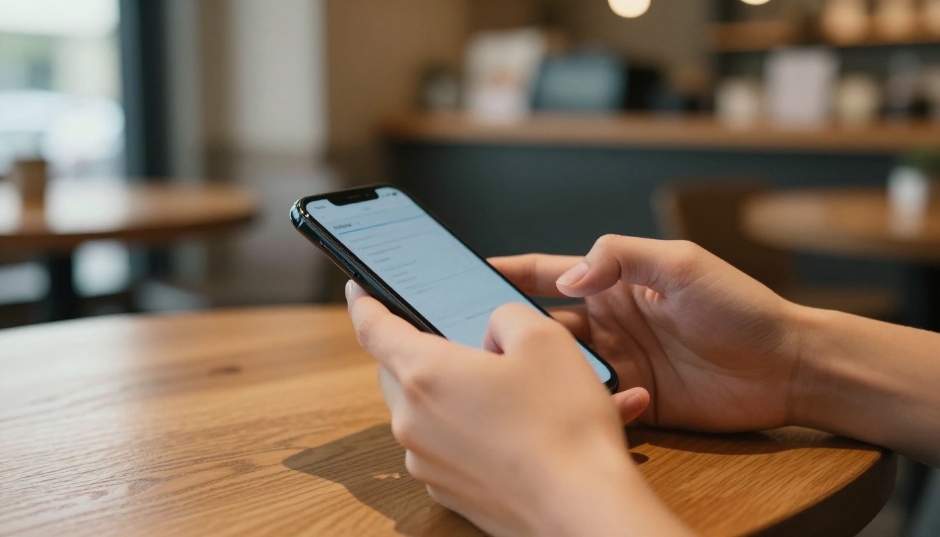 Close-up of hands holding smartphone in warm cafe, photorealistic