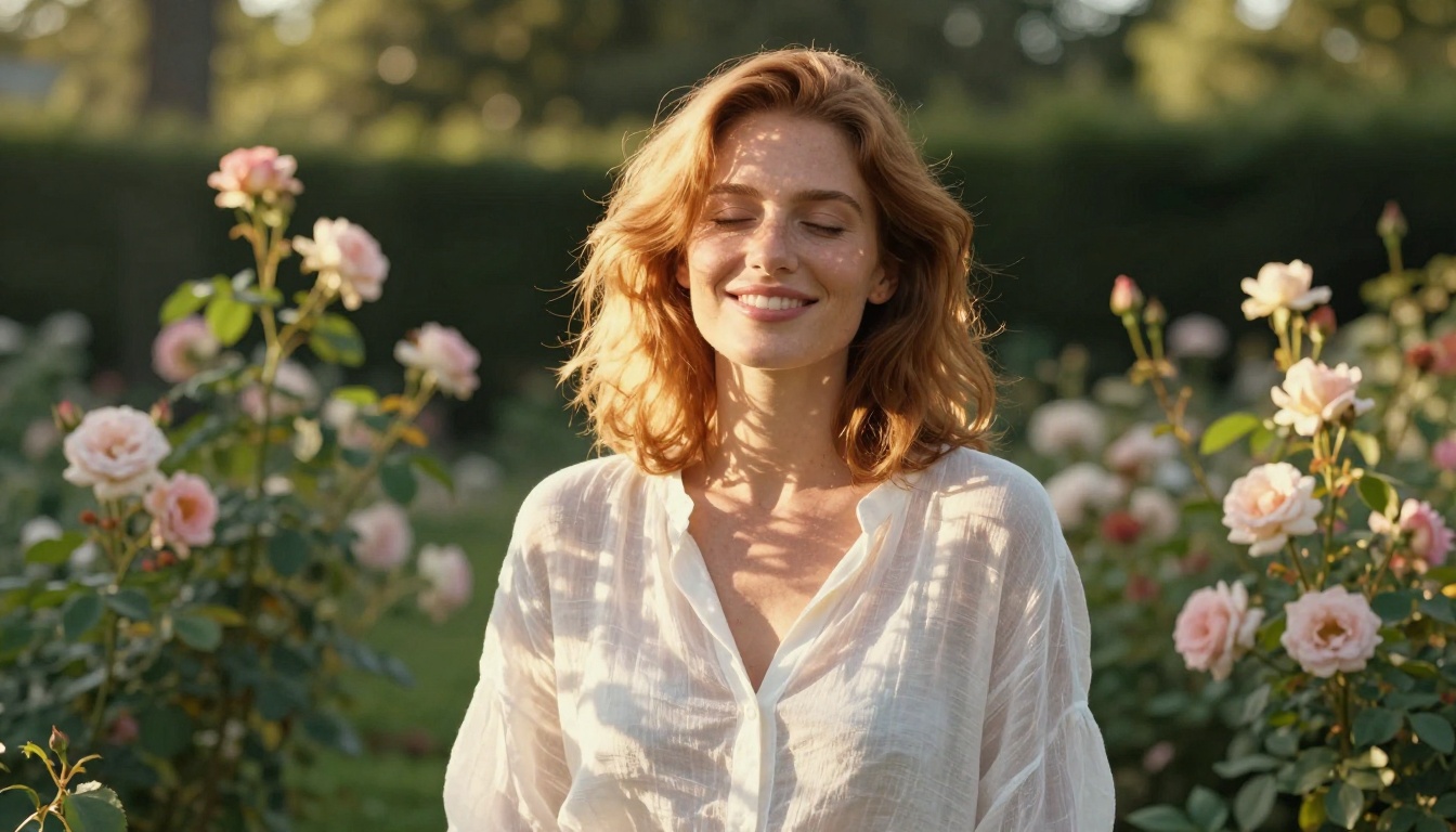 Woman with auburn hair in sheer white blouse standing in garden, golden backlight, lifestyle photography Woman with auburn hair in sheer white blouse standing in garden, golden backlight, lifestyle photography
