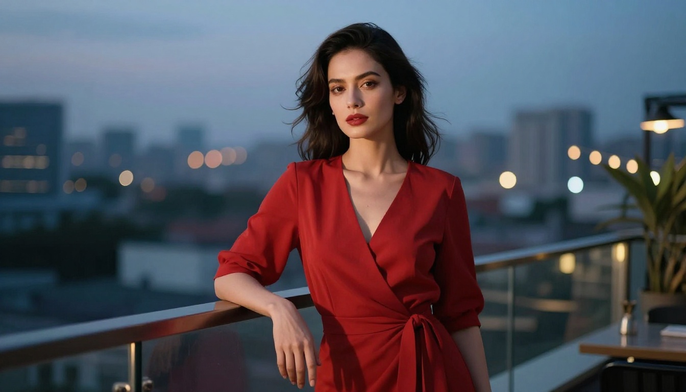 Fashion portrait woman rooftop dusk city