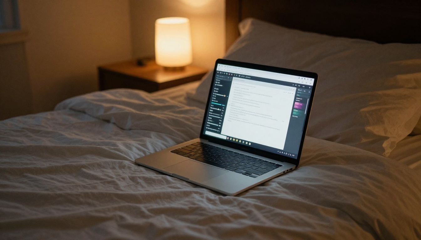 Laptop on a bed showing AI settings interface with warm amber bedside light