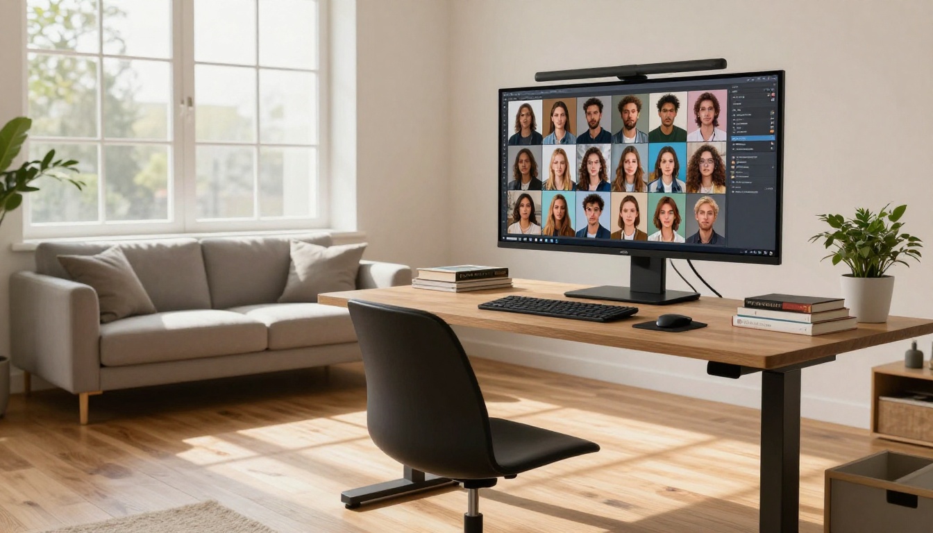 Modern living room setup with a large monitor showing a grid of AI-generated portraits