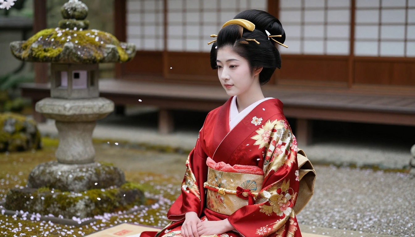 Japanese woman in traditional red silk kimono in Japanese garden, cherry blossoms, elegant portrait Japanese woman in traditional red silk kimono in Japanese garden, cherry blossoms, elegant portrait