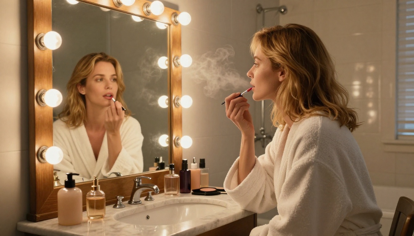 Woman at vintage vanity mirror applying lipstick, warm Edison bulb lighting, intimate morning atmosphere Woman at vintage vanity mirror applying lipstick, warm Edison bulb lighting, intimate morning atmosphere