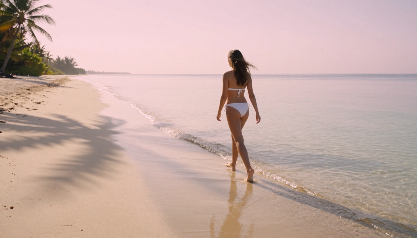 Tropical beach sunrise walking low angle Tropical beach sunrise walking low angle