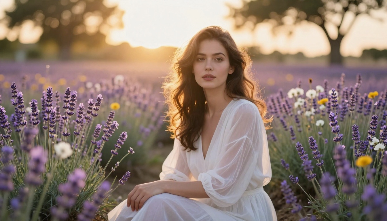 Elegant woman in white sheer dress sitting in wildflower meadow at golden hour Elegant woman in white sheer dress sitting in wildflower meadow at golden hour