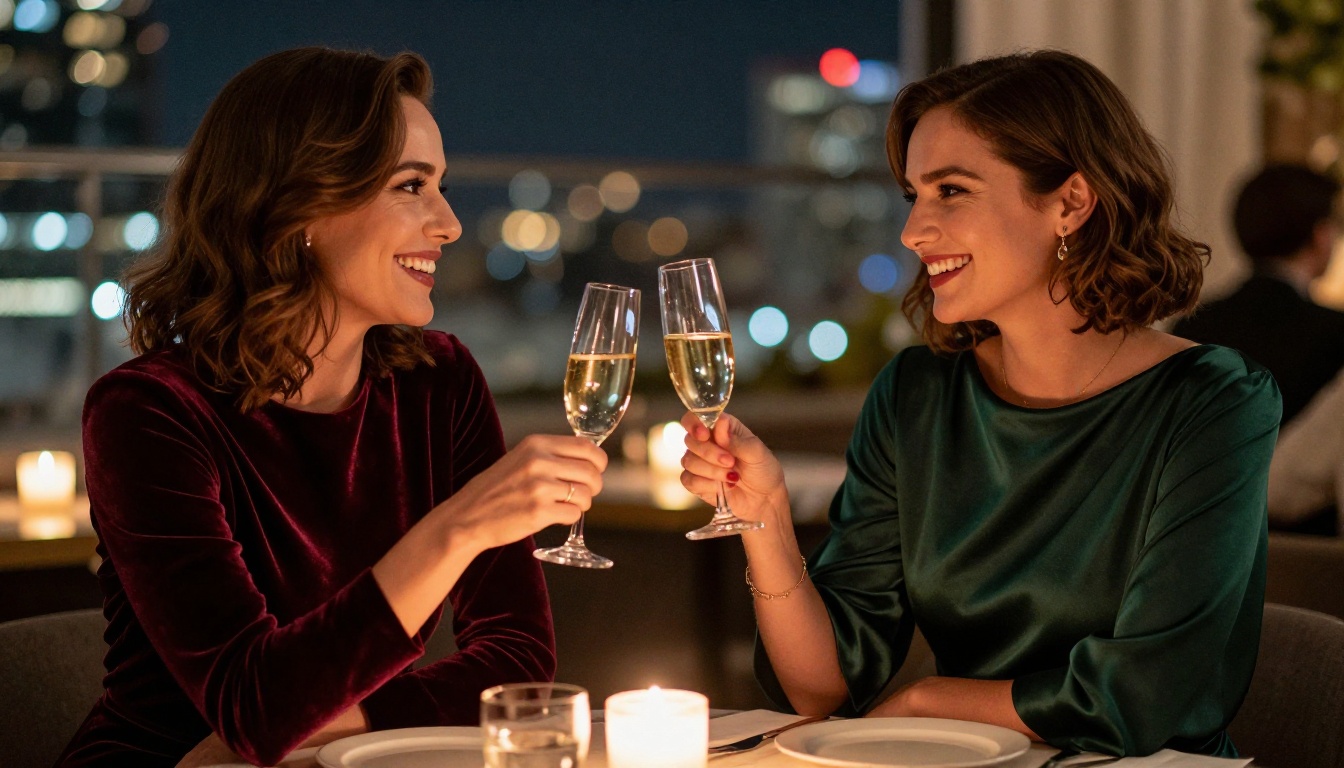Elegant women rooftop bar candlelight celebration Elegant women rooftop bar candlelight celebration