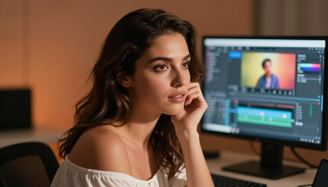 Brunette woman absorbed in AI video creation at glowing monitor Brunette woman absorbed in AI video creation at glowing monitor