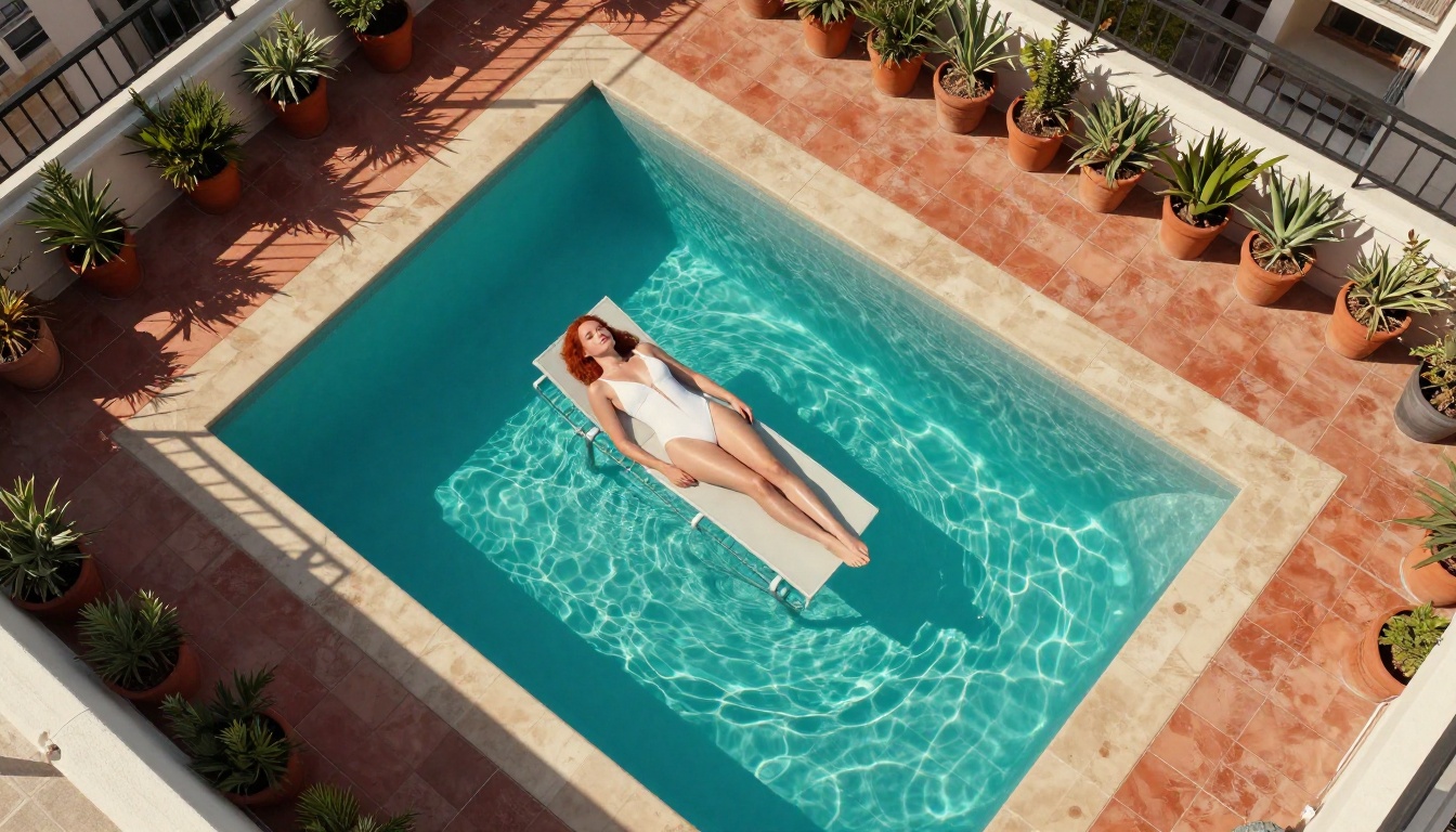Aerial overhead view of woman in white swimsuit by rooftop pool Aerial overhead view of woman in white swimsuit by rooftop pool