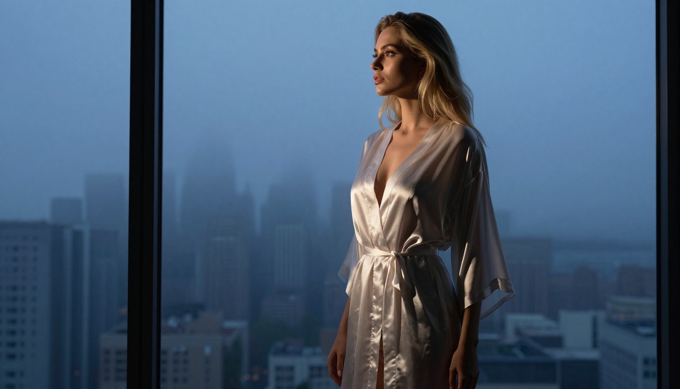 Elegant glamour portrait of a woman silhouetted against a city skyline at dusk