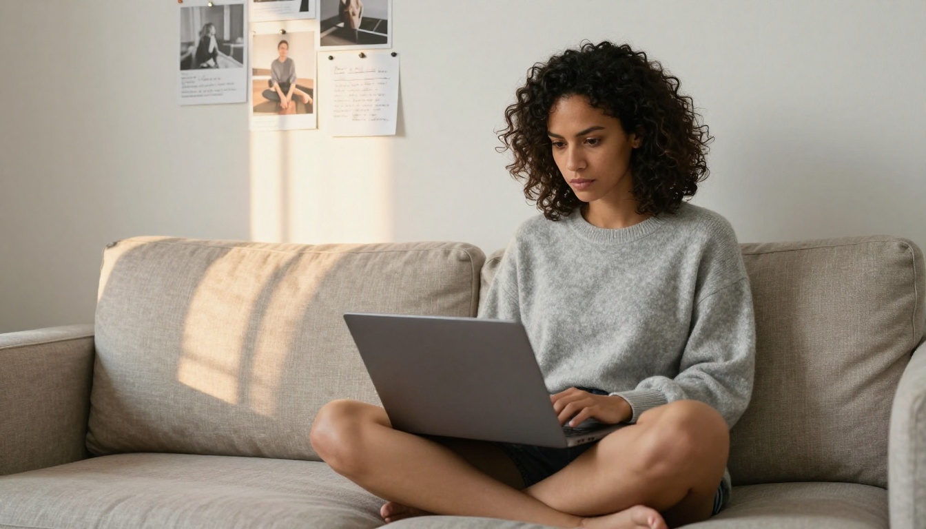 Creative woman writing prompts on a laptop in a Japandi-style living space