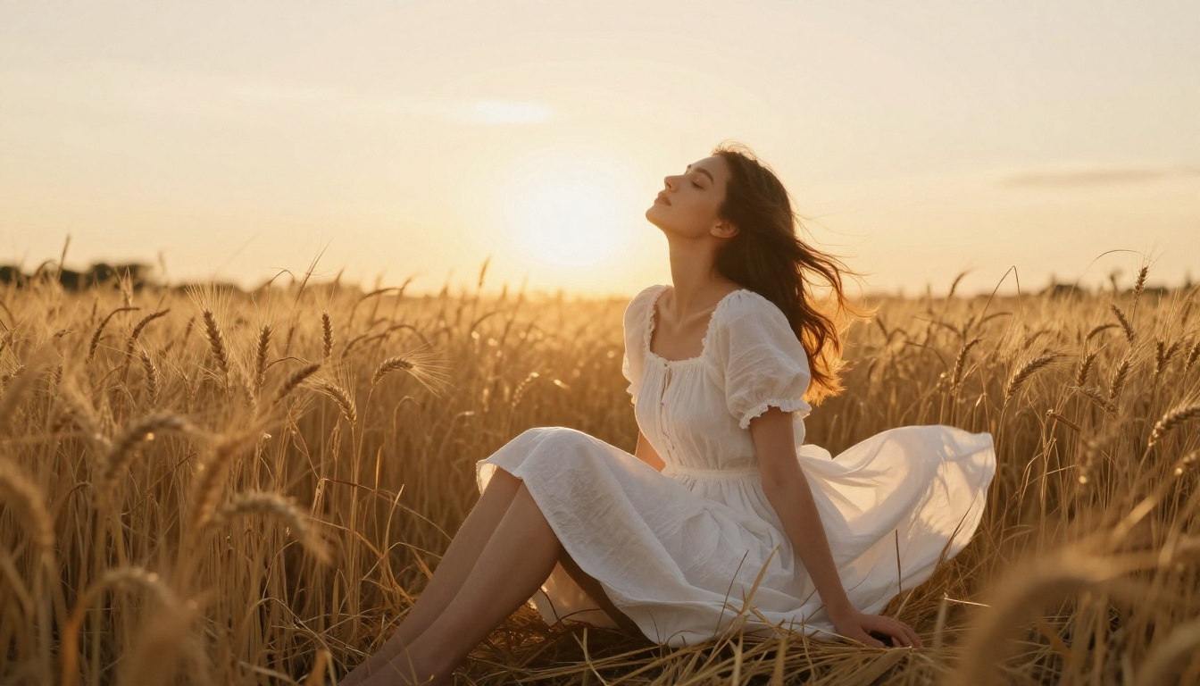 Woman in a white sun dress in a golden wheat field at magic hour