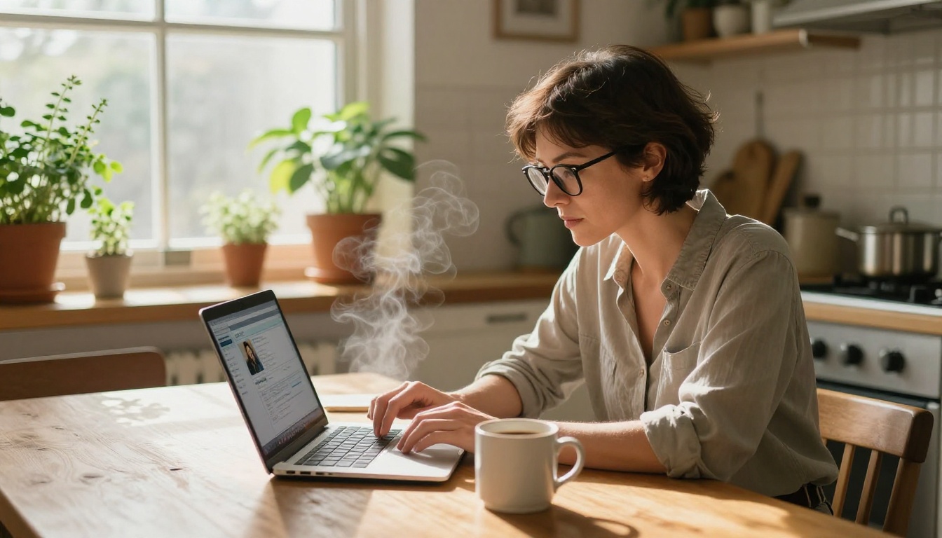 Woman reviewing AI image generation settings on a laptop in a warm kitchen