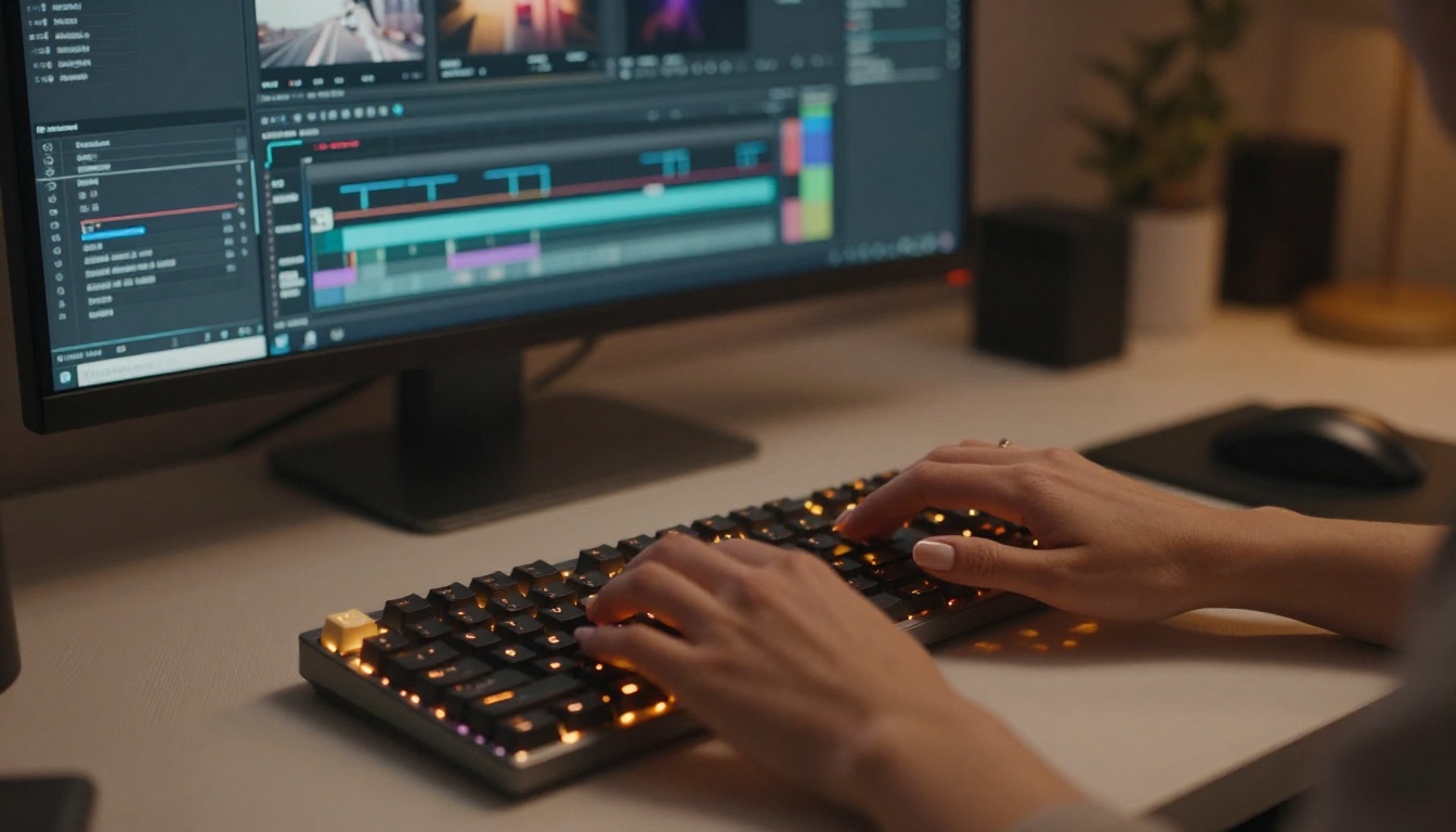 AI video creation workspace with keyboard and monitor AI video creation workspace with keyboard and monitor