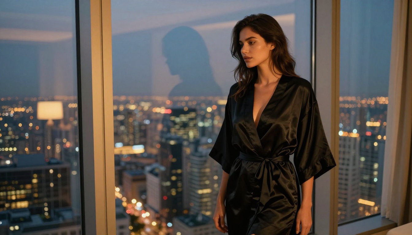 Penthouse window city lights elegant woman