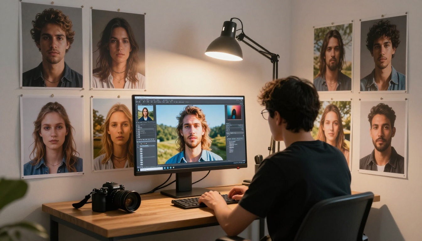 Creative professional in photography studio with AI-generated images on monitor