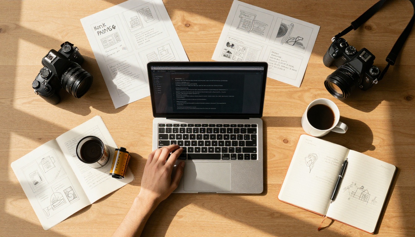 Aerial flat lay of creative studio workspace with storyboards and laptop Aerial flat lay of creative studio workspace with storyboards and laptop