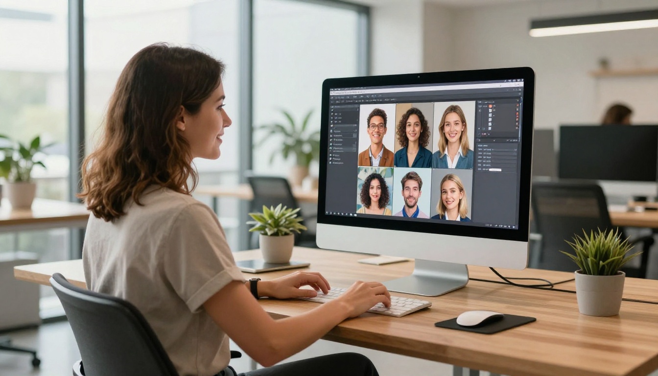Woman in a modern coworking space looking at AI art on a large screen with curiosity