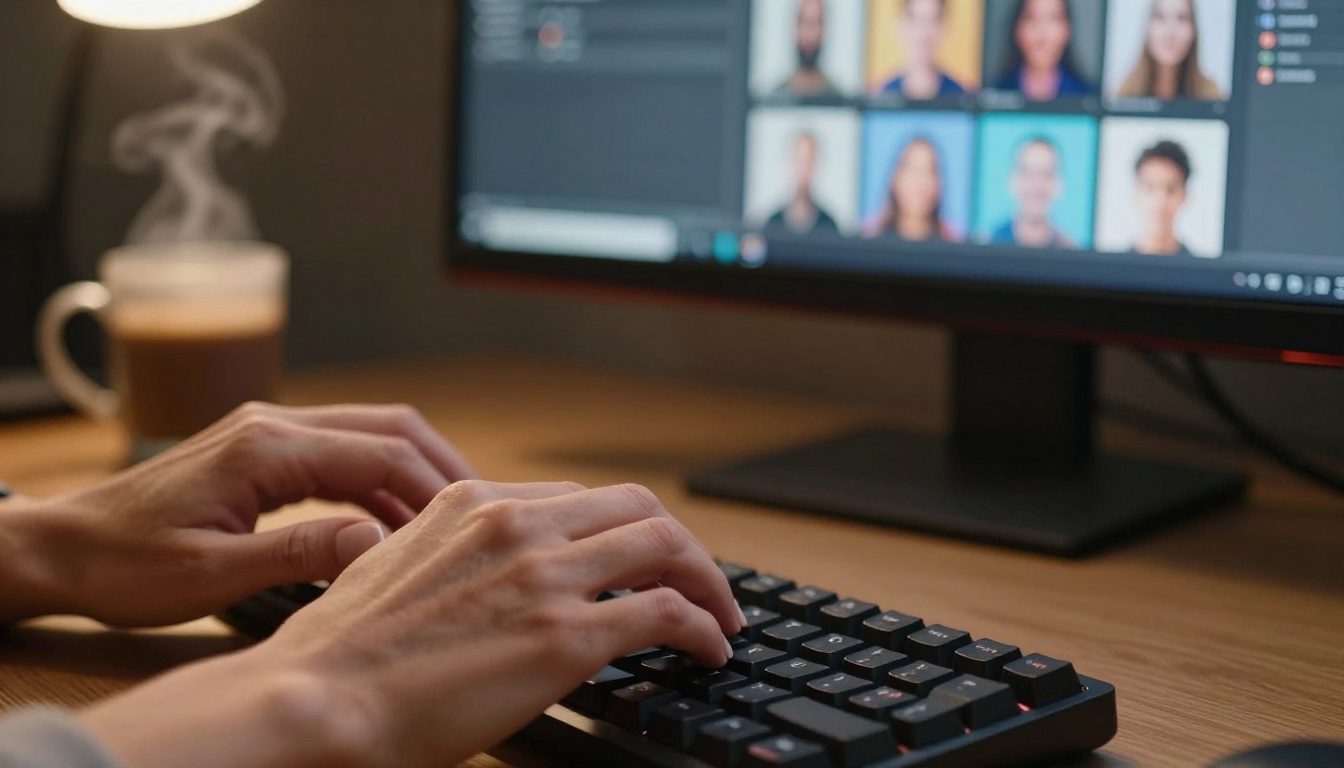 Close-up of hands typing on keyboard with AI generation interface on blurred monitor in background