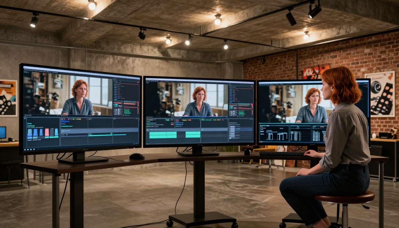 Professional video production studio with multiple AI monitors Professional video production studio with multiple AI monitors