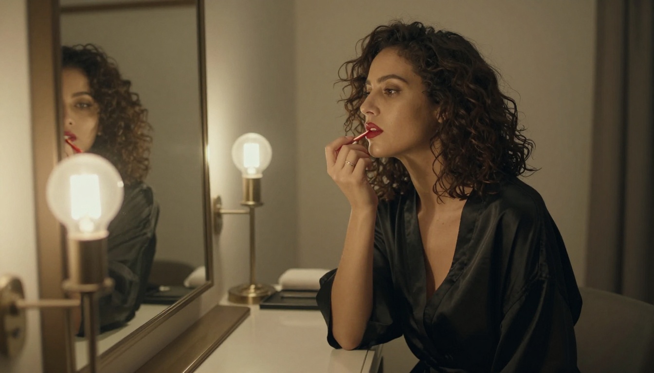 Woman in hotel room showing cinematic character mood and skin detail consistency