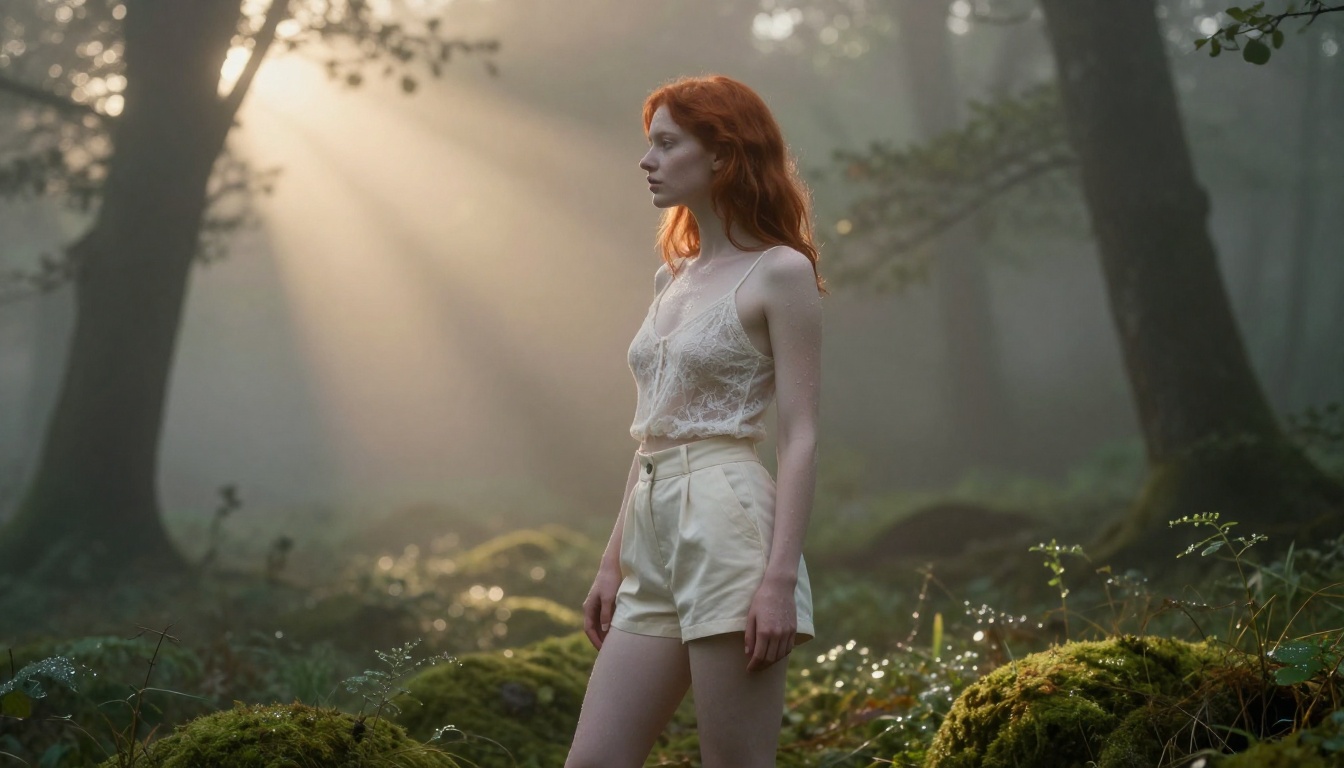 Woman in forest clearing showing consistent character features across environment changes
