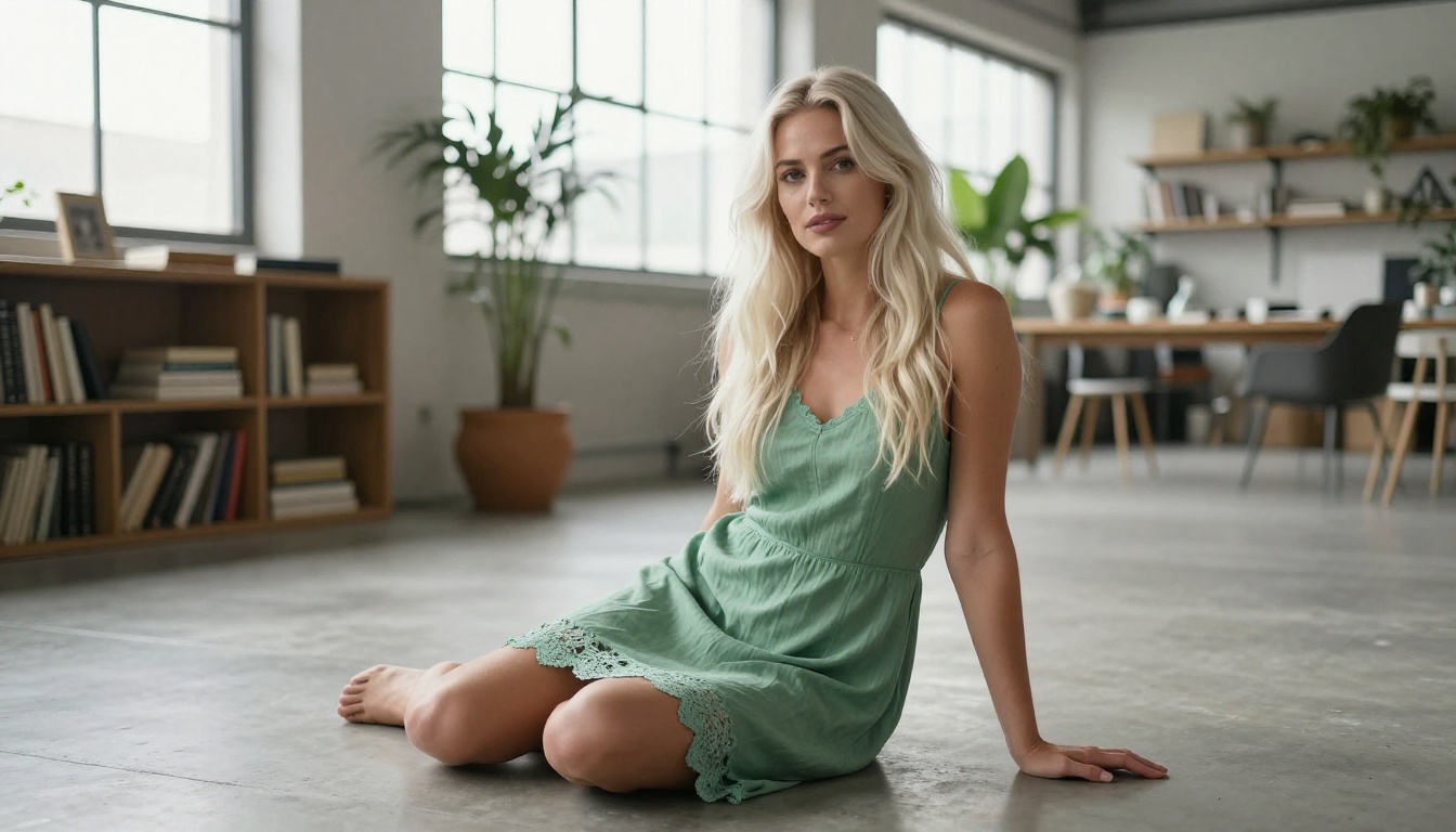 Loft studio portrait showing editorial character consistency in natural daylight