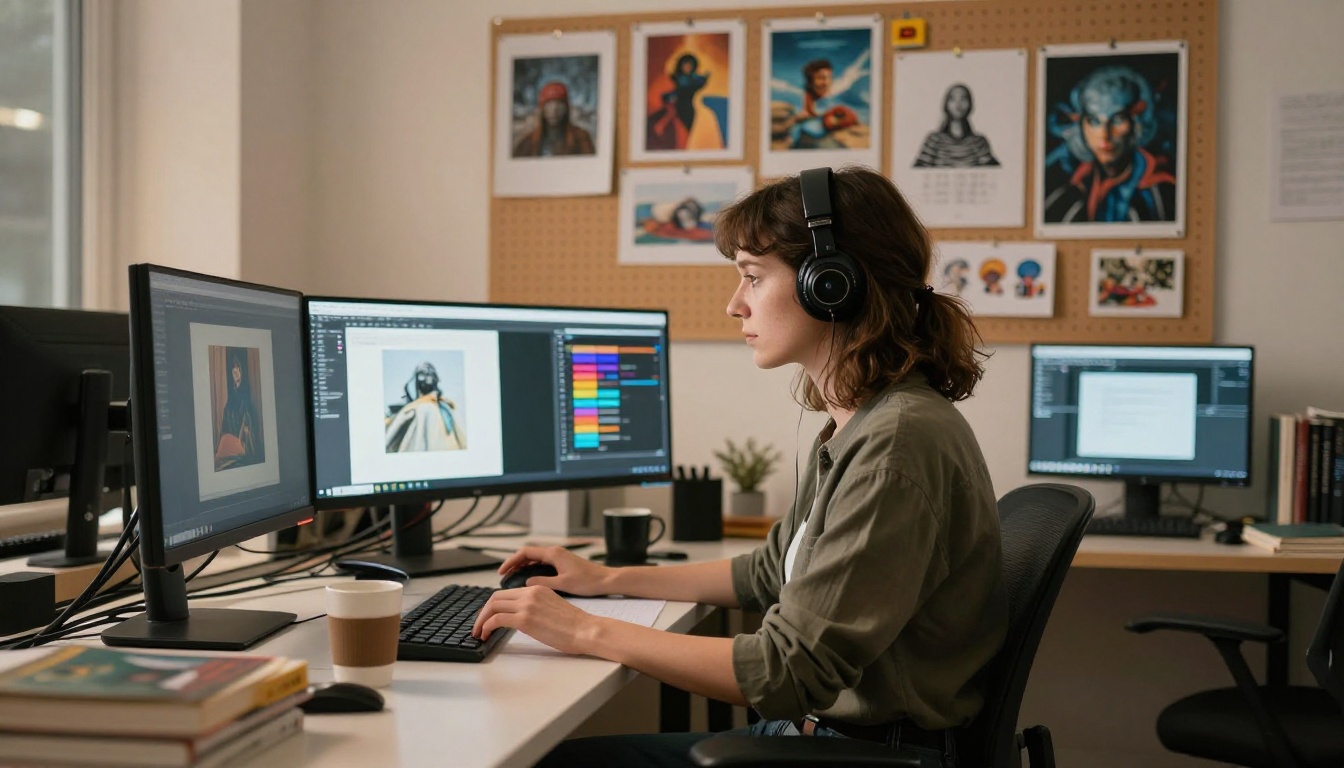 Artist at creative workstation