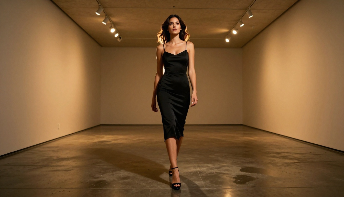 A confident woman walking through a modern art gallery with dramatic spotlight lighting
