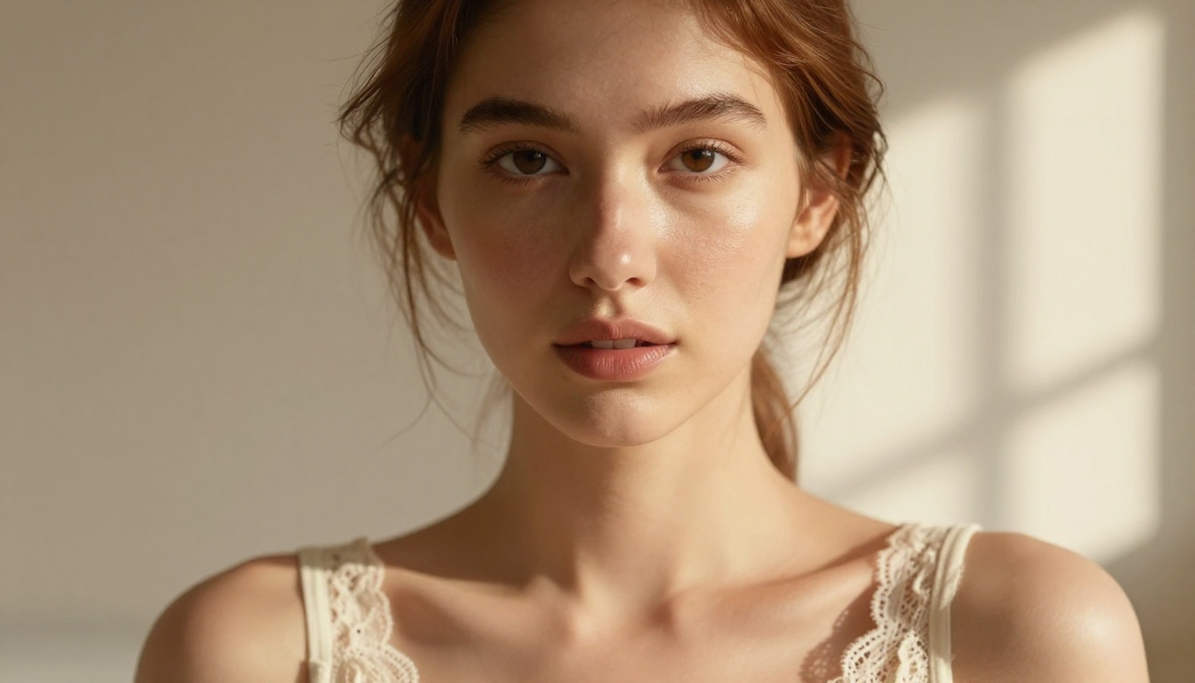 Close-up portrait of a woman with auburn hair and natural studio lighting