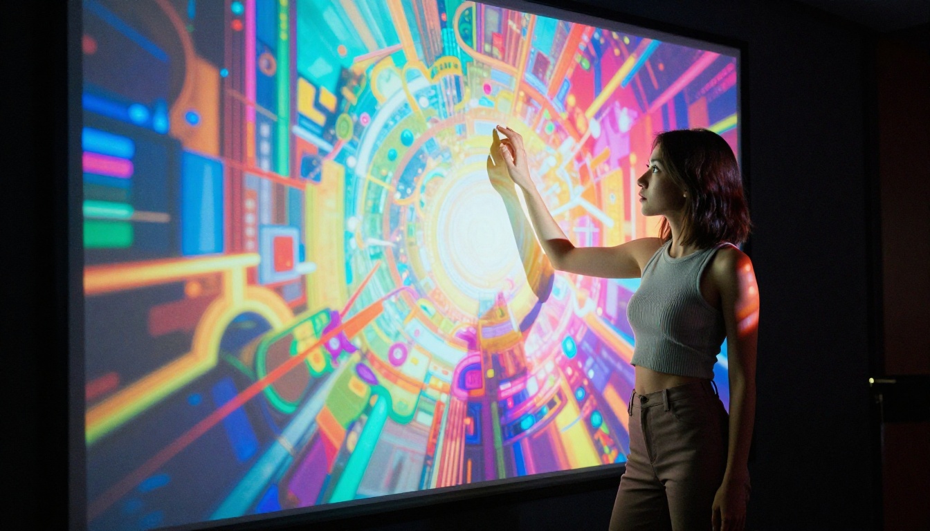 A woman touching a large digital canvas displaying colorful AI-generated artwork