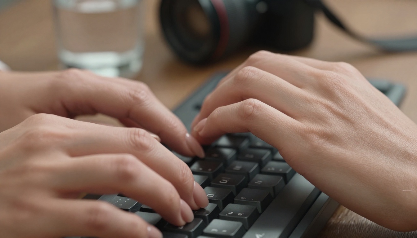 Close-up of a woman's hands typing on a keyboard in warm desk lamp lighting