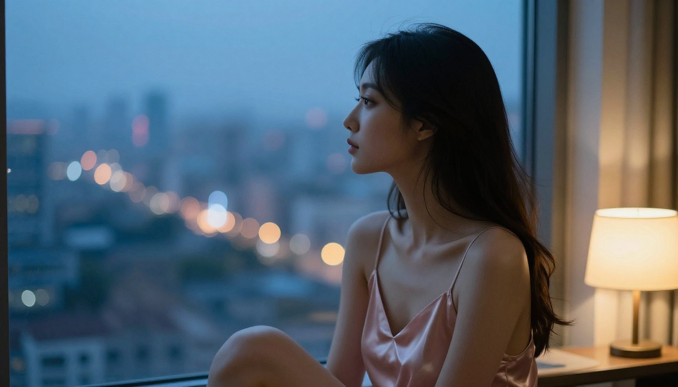 A woman in profile by a large window at blue hour with city lights bokeh in the background