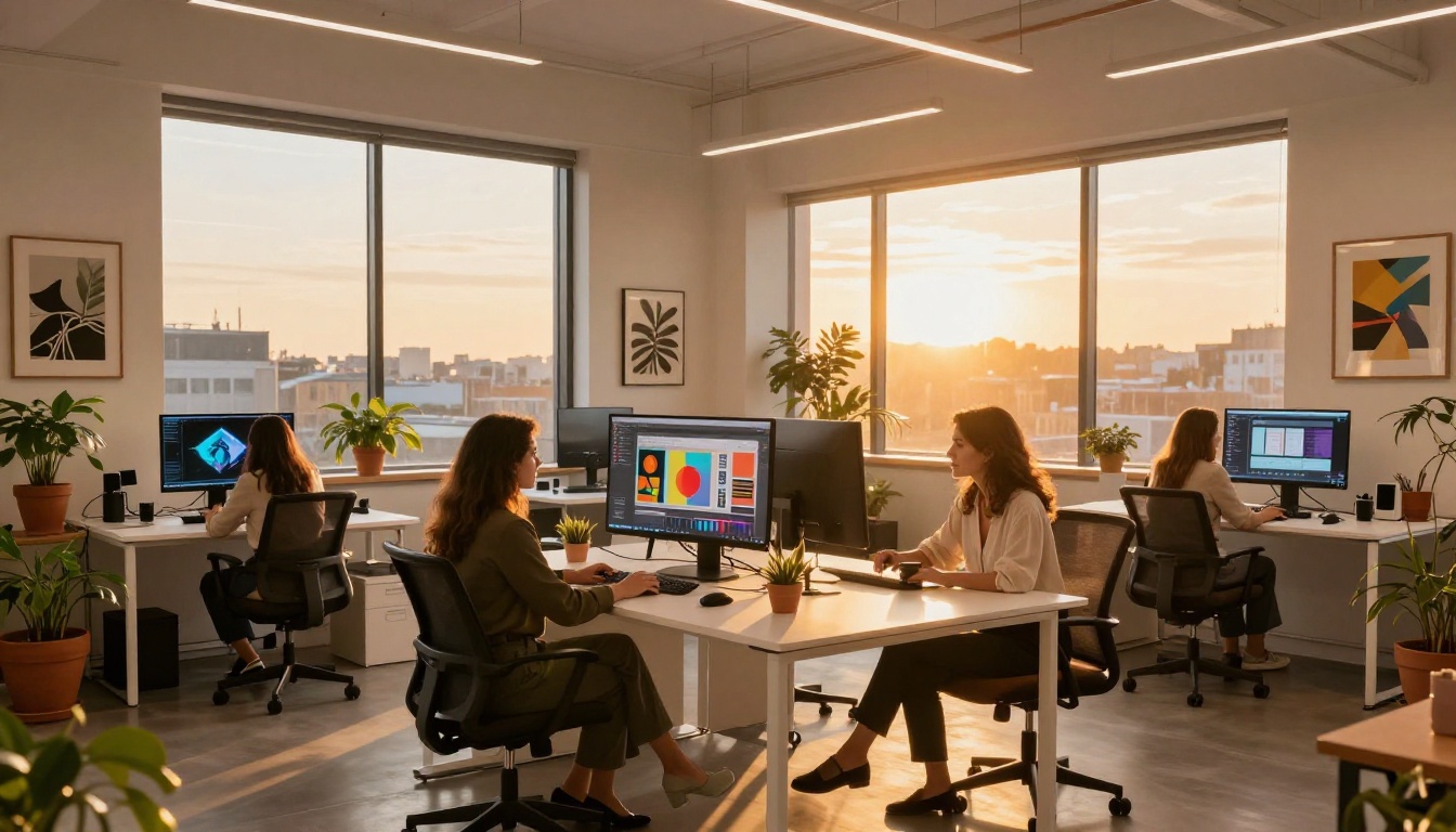 A stylish creative agency office at golden hour with women collaborating around a monitor displaying AI tools