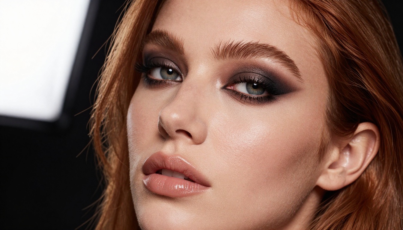 Close-up beauty portrait with dramatic smoky eye makeup, studio lighting, photorealistic editorial